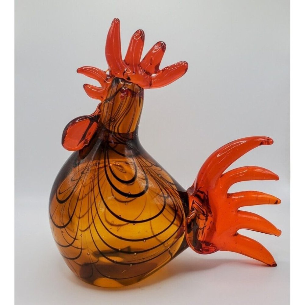 Art Glass Rooster Hand Blown Brown Swirl Red Chicken Hen Figurine Farm Decor 7"